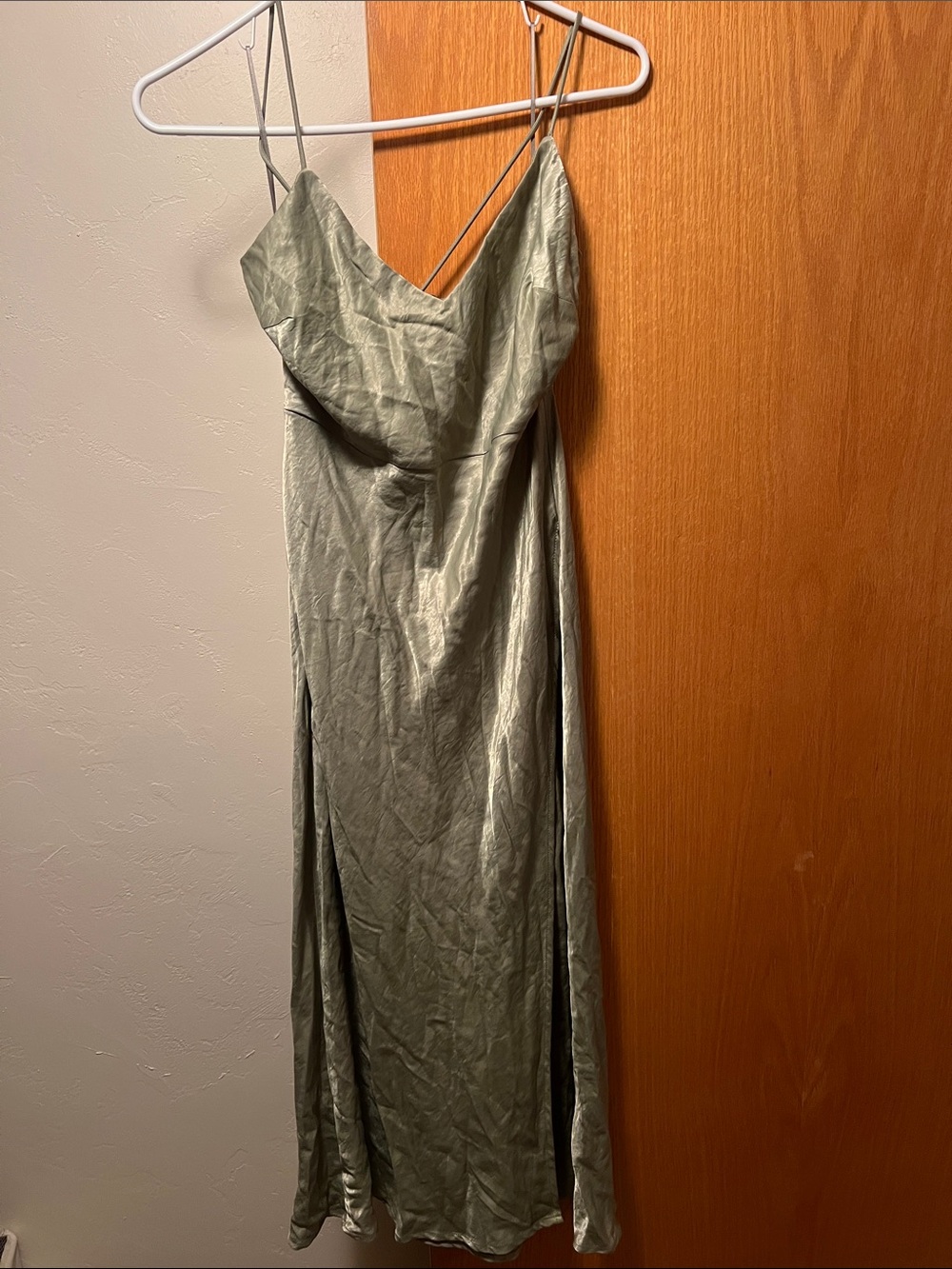 Hello Molly Sage Satin Maxi Slip Dress with Spaghetti Straps